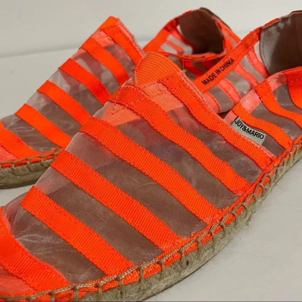 Jay & Mario Neon Orange Striped Sheer Mesh Slip On Espadrilles Size 8 New